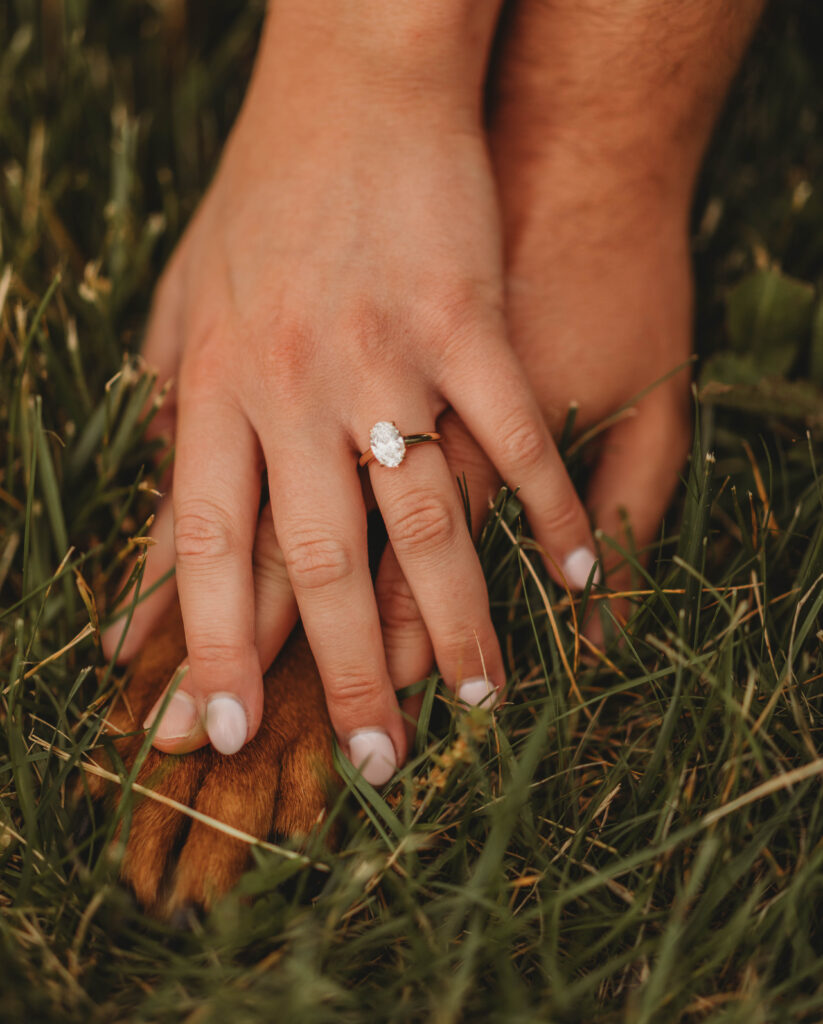 A woman and man hold hands and showcase the engagement ring during engagement photos at Heritage Community Park in Blacksburg, Virginia.
