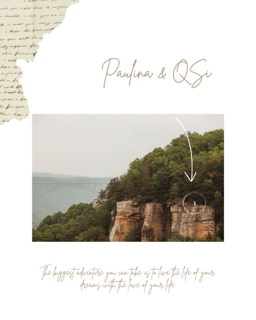 Couple on a cliff from a far away angle with New River Bridge in the Background at the New River Gorge
