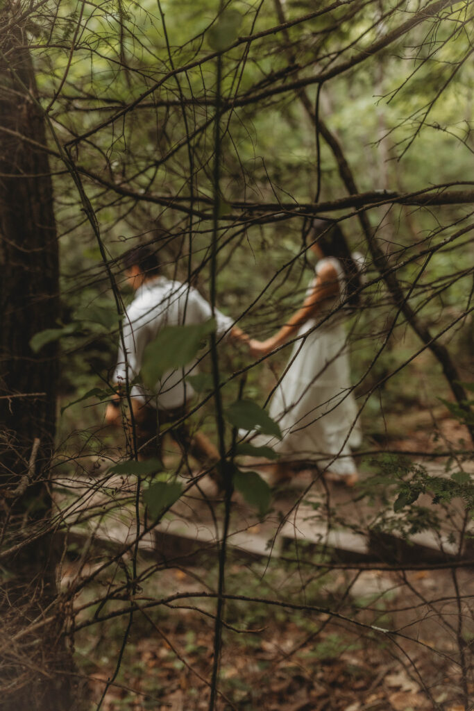 An out of focus photo of a couple walking down the Endless Wall Trail at the New River Gorge.