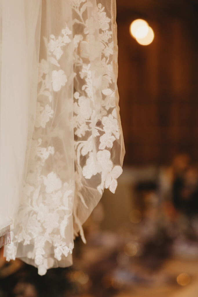A beautiful wedding dress close up