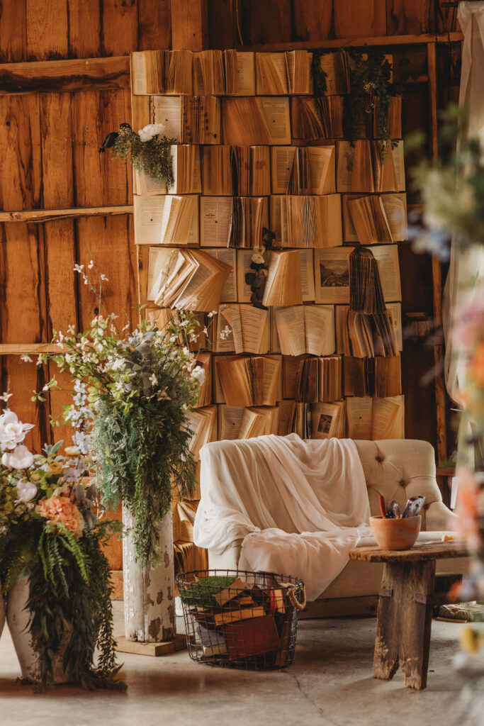 A book wall and beautiful florals