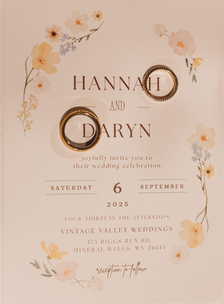 A wedding invitation including wedding rings
