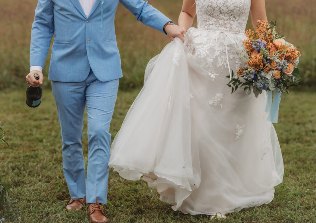 Bride and groom walking together