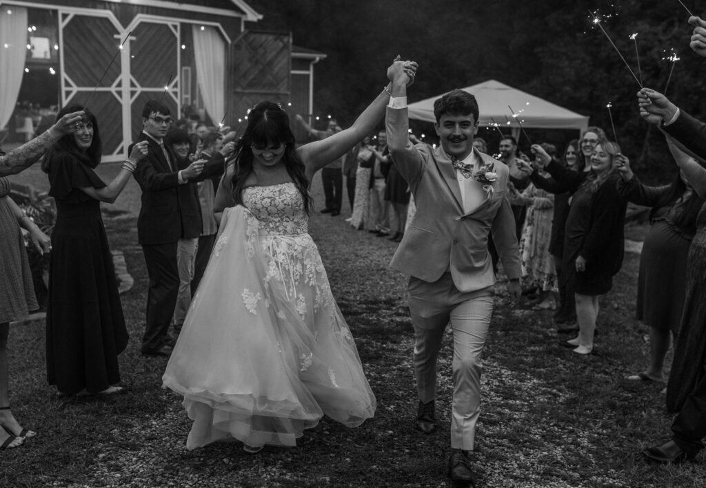 The bride and groom cheering